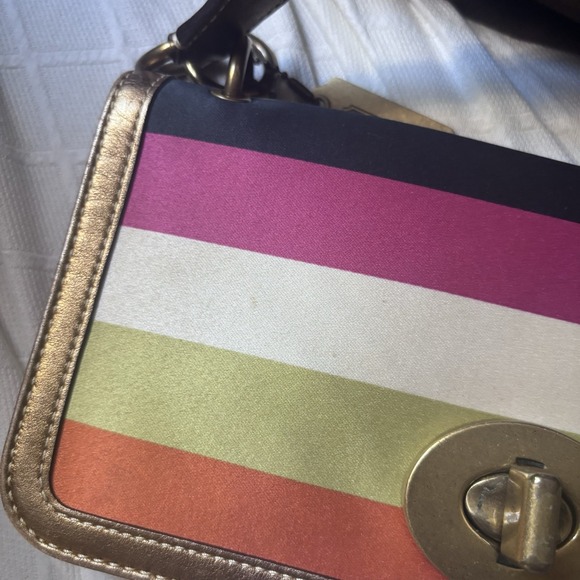 Vtg Coach Multicolor Stripped Satin Bronze Limited Edition Turnlock Handbag